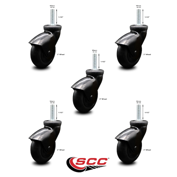 3 Inch Black Hooded Neoprene Rubber 10mm Threaded Stem Casters SCC, 5PK